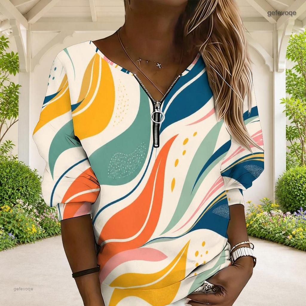 Women Plus Size Abstract Printed V Neck Front Zip Long Sleeve Sweatshirt