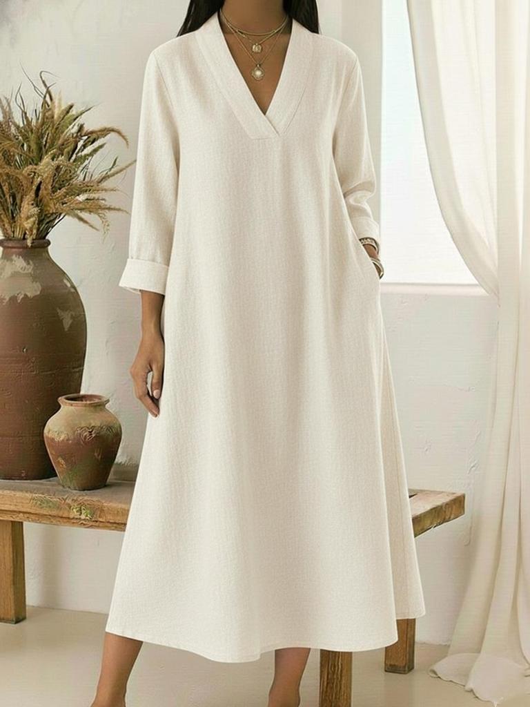 Spring Casual V-neck Cotton Linen Long Sleeve A-line Maxi Dress