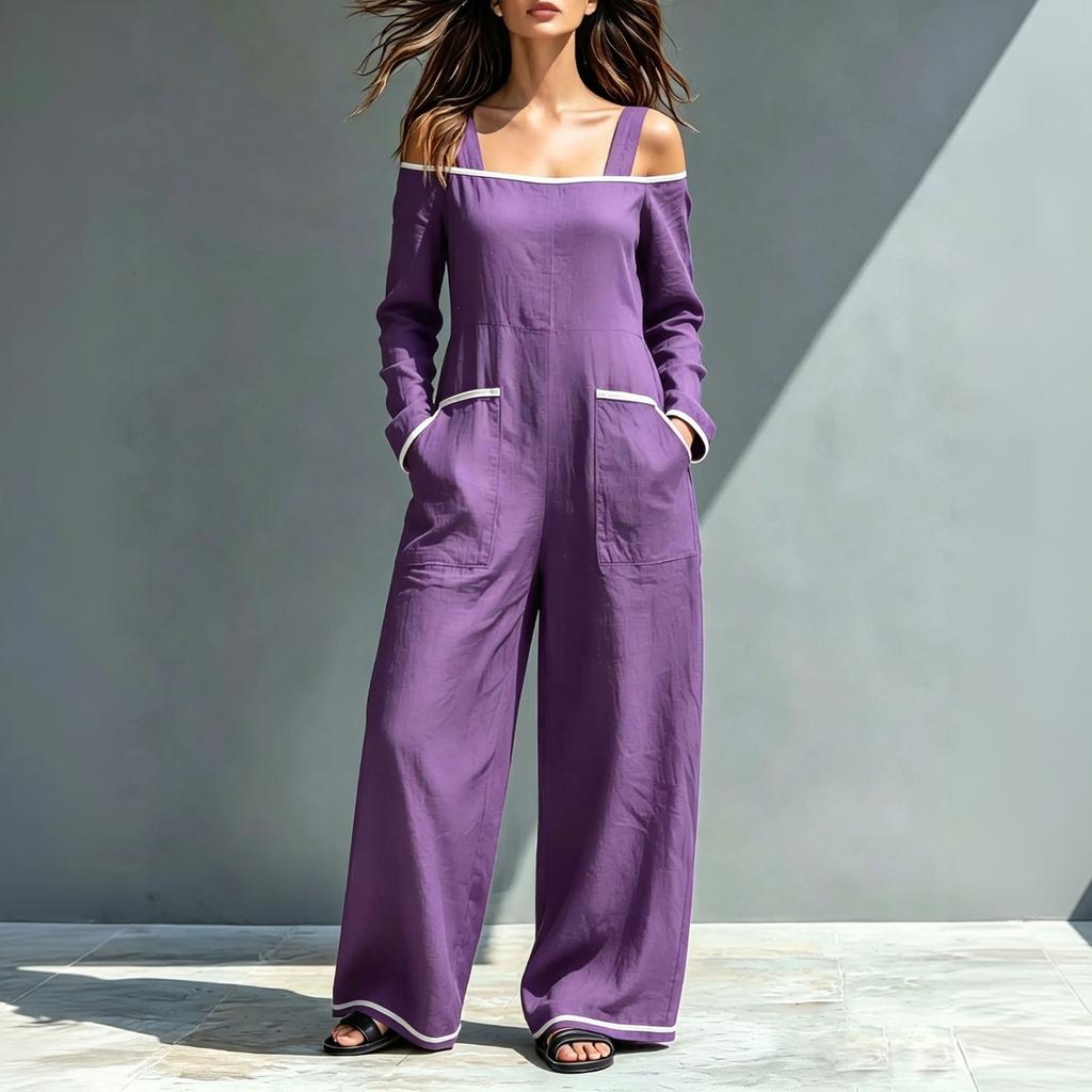 Women's One-Shoulder Color-Block Suspender Jumpsuit with Pockets, Loose Fit Wide Leg Floor-Length