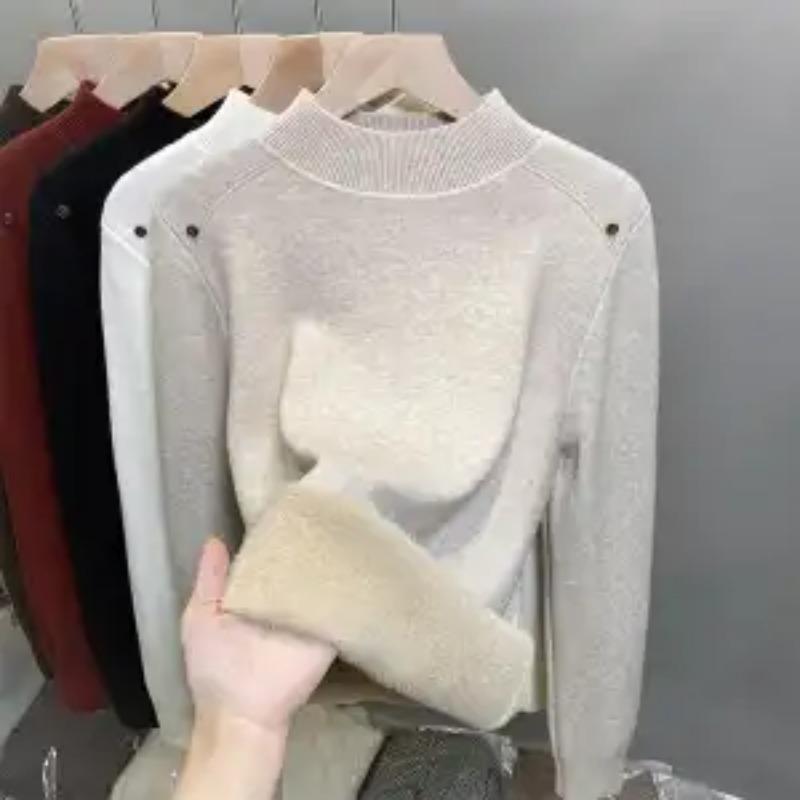 Half Turtleneck Sweater for Women Velvet Thickened Bottoming Autumn Winter Knitted Inner Layering Top