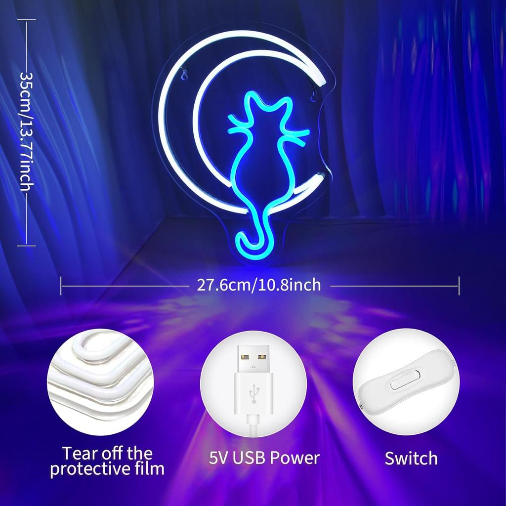 Moon Cat Neon Signs for Wall Decor White Blue LED Light Sign for Preppy Room Decor Light Up Sign for Birthday Party Decoration USB Powered
