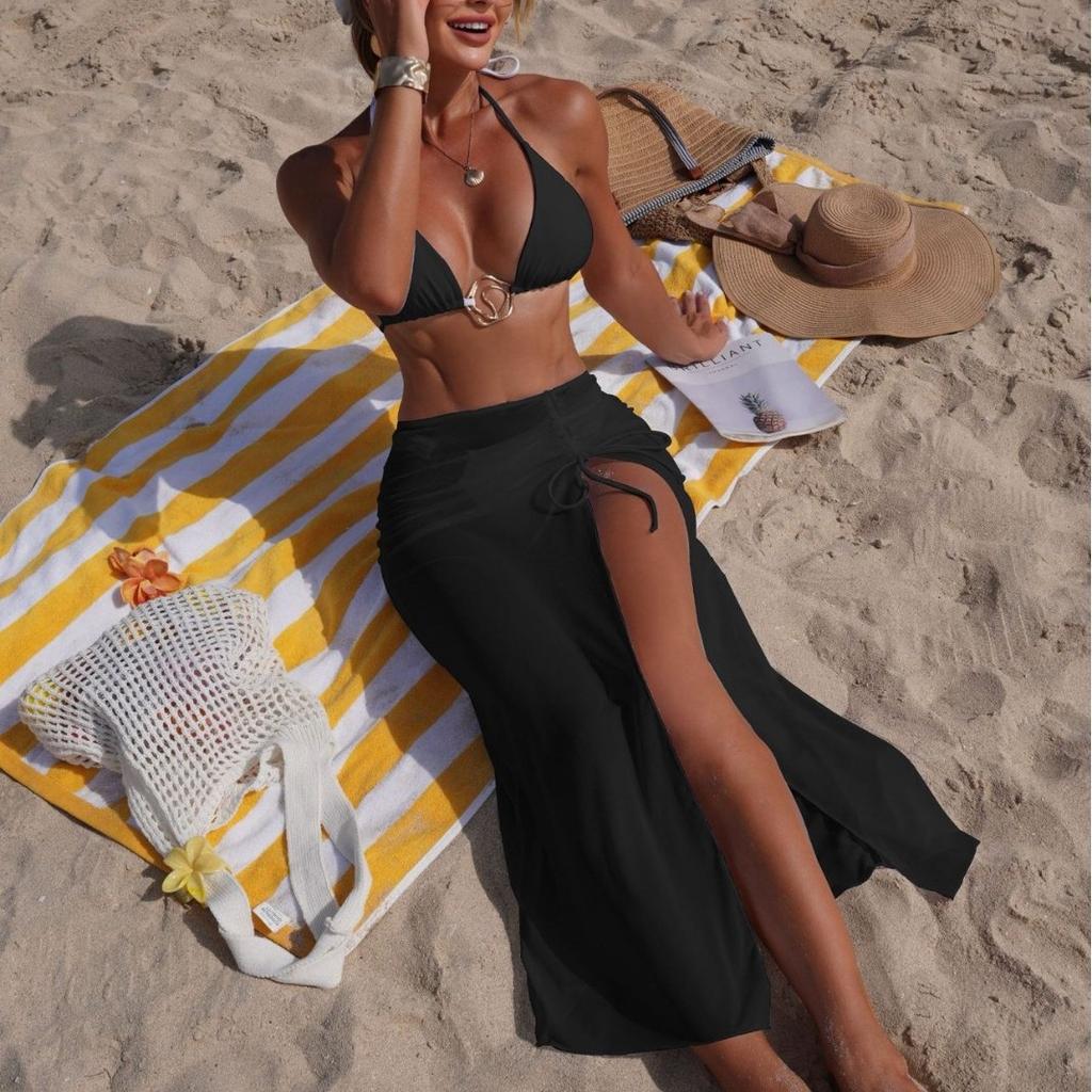 2026 Solid Color New Beach Sunscreen Mesh Skirt Fashionable and Sexy Three-piece Bikini Split Swimsuit