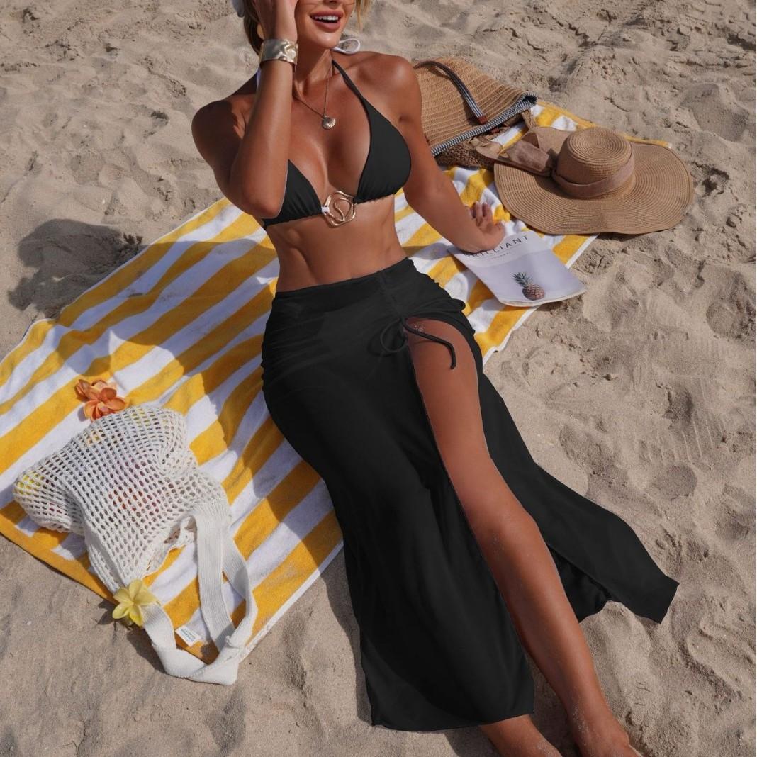 2026 Сплошной цвет Новая пляжная солнцезащитная сетчатая юбка Модный и сексуальный трехсекционный бикини Раздельный купальник L