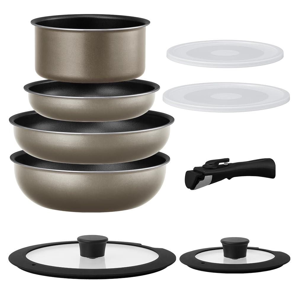 

IRIS OHYAMA Frying Pan Removable 3 Metallic Greige 9-Piece Set, Diamond-Coated Pan, IH/Gas Compatible, Handle, Lightweight, Colors, IH/Gas Compatible,