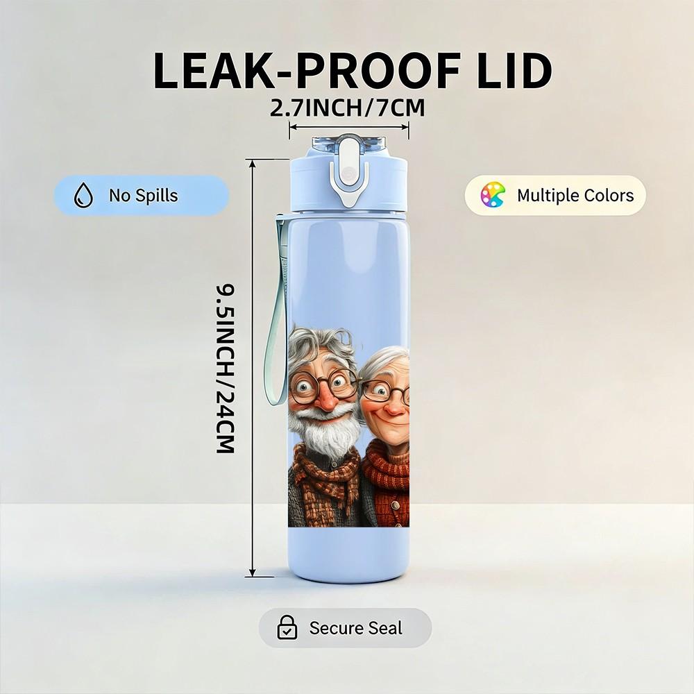 1PC Elderly Old Couple Portrait Pattern 750ml Color Plastic Sports Water Bottle Leakproof Flip Straw Lid Suitable for Sports Office Home Use