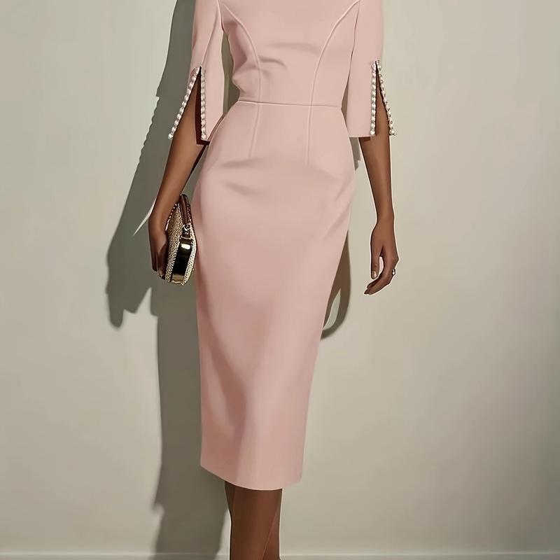 Wedding Guest Dresses MIDI Length Mermaid Half Sleeves Bodycon Formal Evening Party Gowns with Pearls