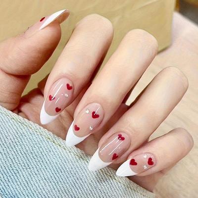 Valentine's Day Heart Press-On Nails - Short Shiny French Manicure Set (24 Removable Pieces)