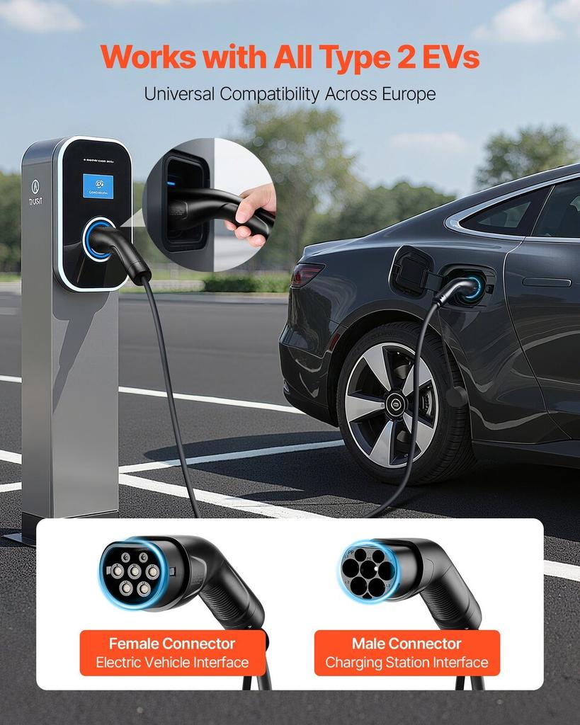 EV Charger Extension Cable, 32Amp 10 M Max 22 kW Extension Cord Compatible with All Type 2 Electric Vehicle Chargers, 3-Phase AC 480V 50Hz IP65 Heavy