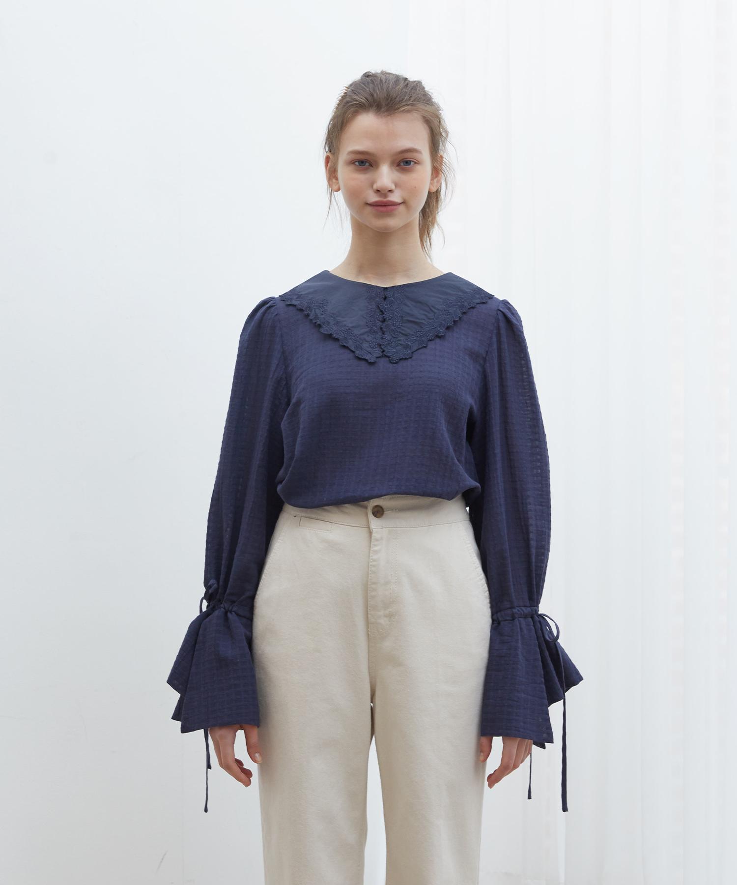 Near And Dear Lace Collar See-Through Blouse Navy/Free