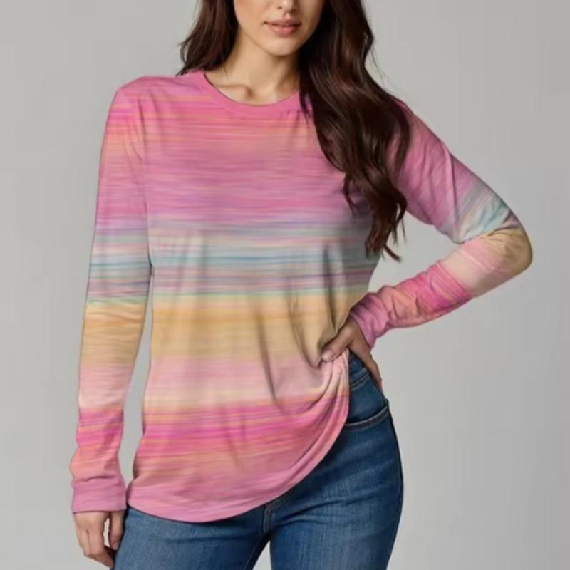 Autumn Women's T-Shirt Casual Long Sleeve Stripe Pattern Print Street O Neck Female Oversized Clothing Outdoor Vintage T Shirts