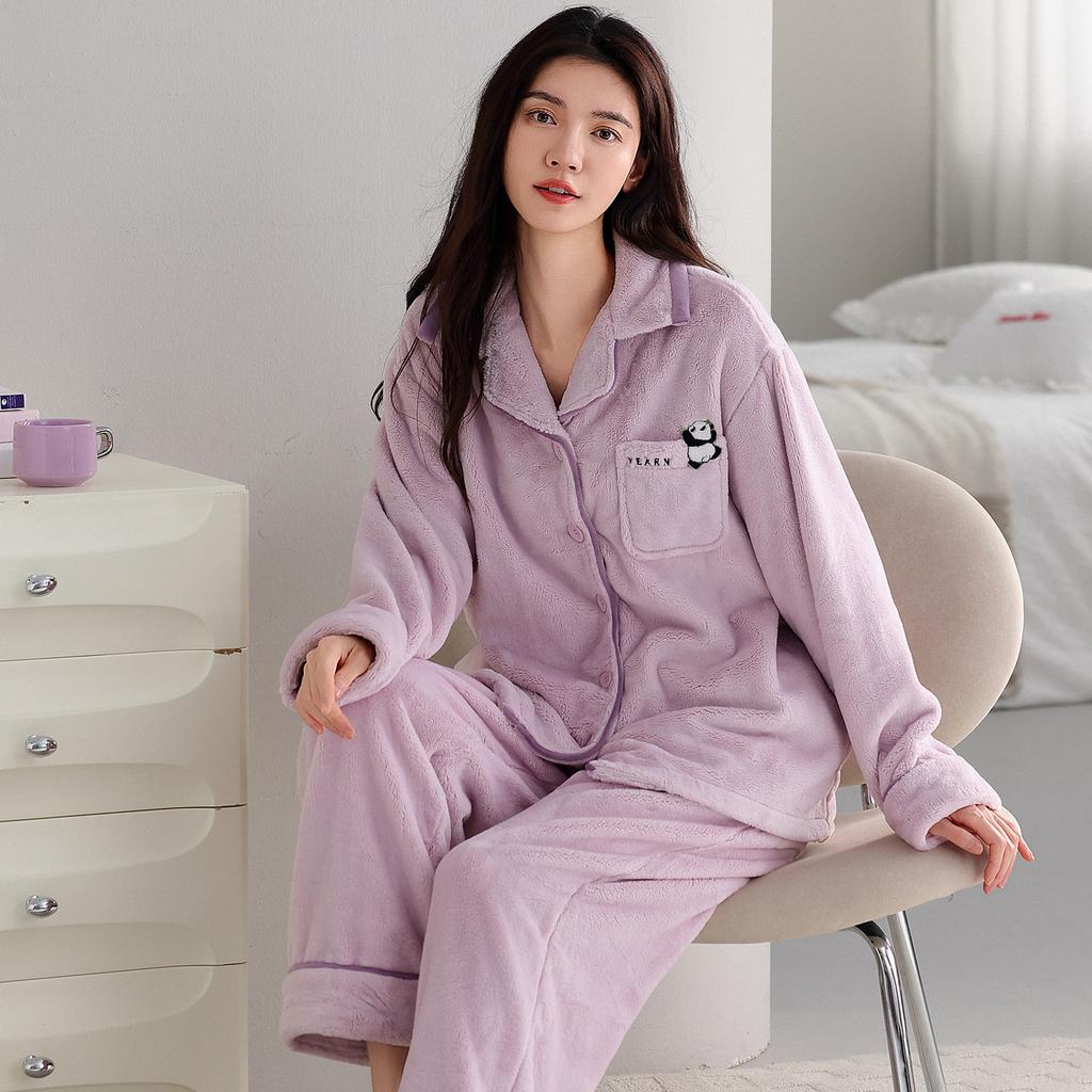 Coral Fleece Pajamas Women'S Autumn And Winter Thickened Fleece Flannel High-End Sweet And Warm Winter Loungewear Set