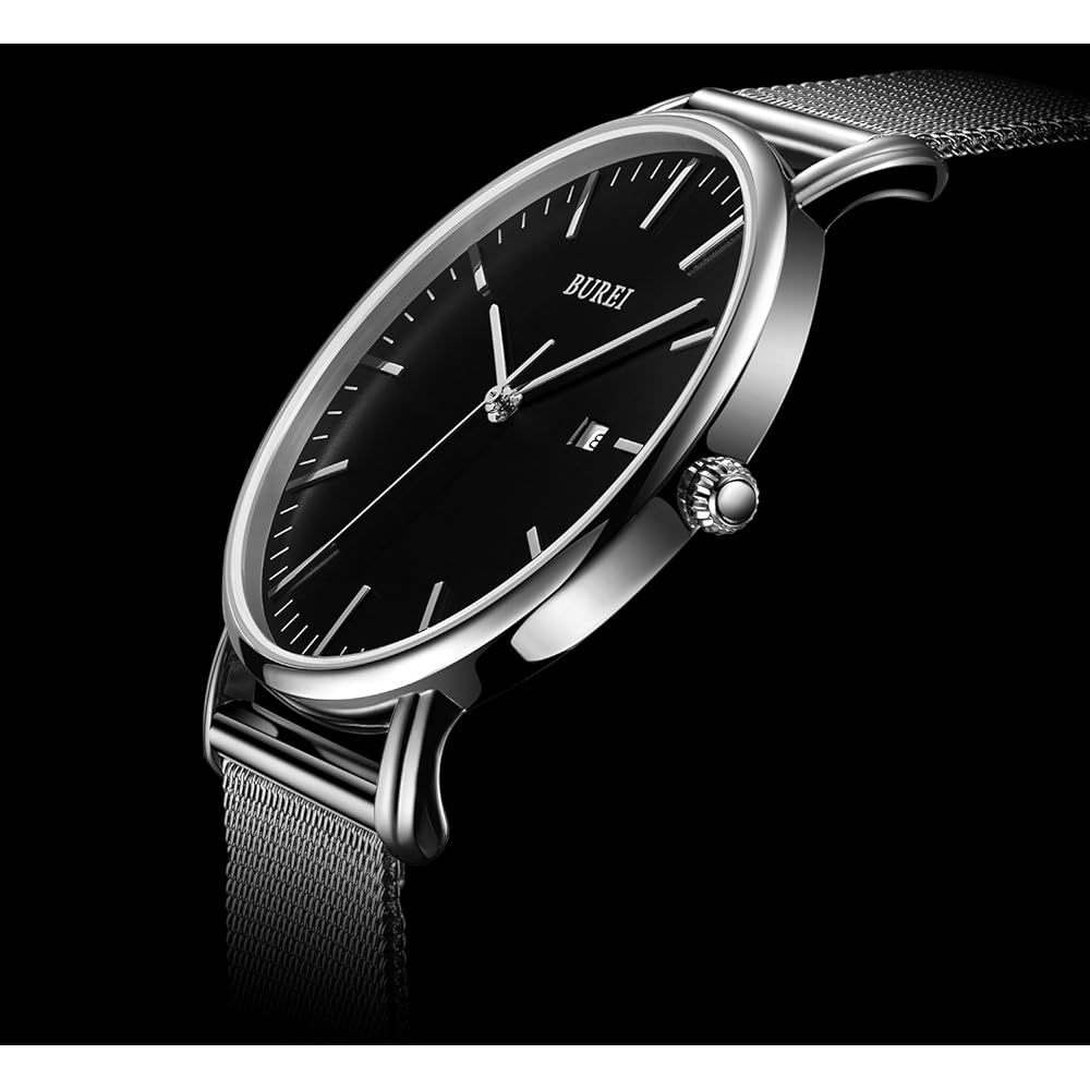 BUREI Men's Analog Quartz Watch Waterproof Date Black Simple Stylish Business Silver Milanese Mesh Band