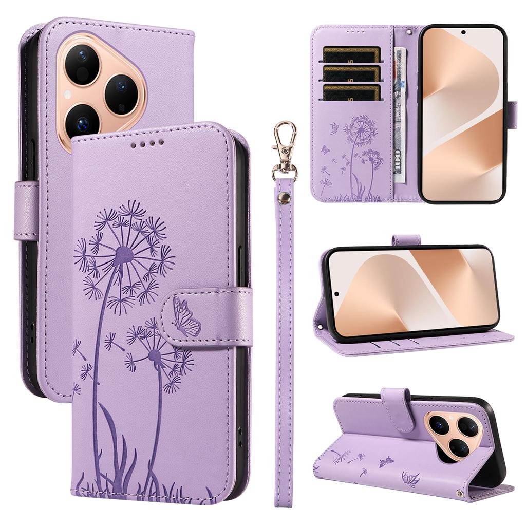 Ādas maciņš Huawei Pura 80 ar siksniņu, ar pienenes apdruku, telefona statīva vāciņš