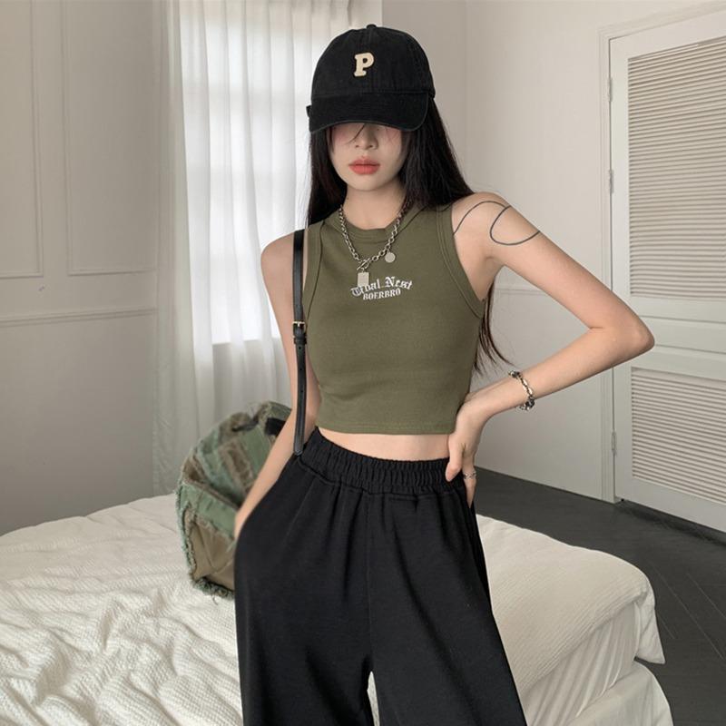 Women's Temperament Slim Tank Top With Chest Pad  Girly Round Neck Letter Embroidery Sleeveless Casual Sport Crop Top