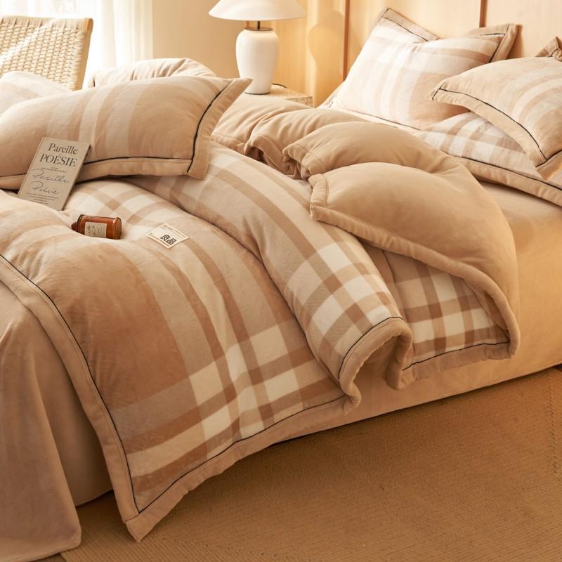 Winter Milk Fleece Bedding Set Thick Coral Sheet Modern Minimalist Style Geometric Plaid