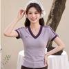 Purple lace V-neck short-sleeved T-shirt for women's summer new front shoulder slim-fitting top, super good-looking Korean