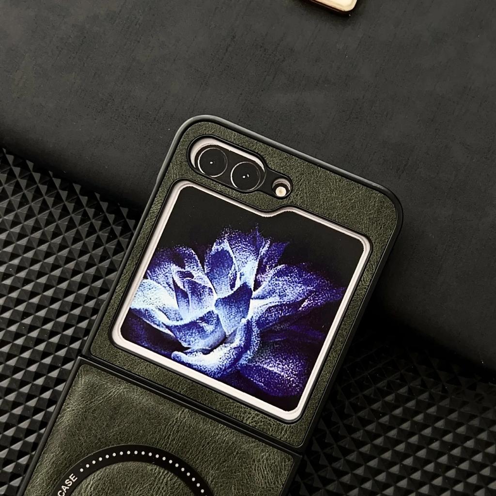 Leather for Magsafe Magnetic Wireless Charge Phone Case for Samsung Galaxy Z Flip 6 5 4 3 Flip5 Flip4 Flip6 5G Shockproof Cover