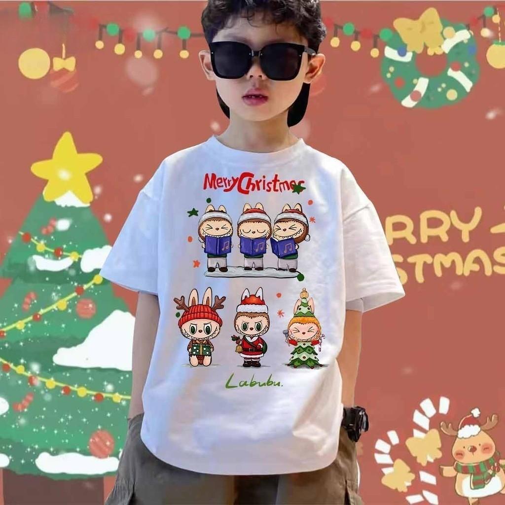 Children's LABUBUT Shirt Casual Loose Boy Round Neck Short Sleeved Cute Cartoon Pattern Clothing