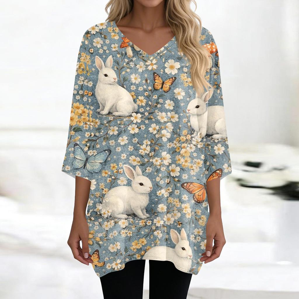Womens Tops V-neck 3/4 Sleeve Blouses Casual Mid-length Shirts Fashion Print Tunic Tops With Pockets