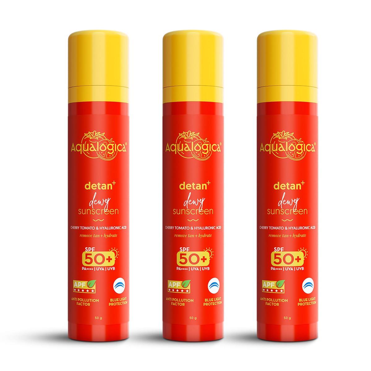 Aqualogica Detan+ Dewy Lightweight Sunscreen SPF 50+ PA++++ for Tan Removal & All Skin Types - 50g Pack of 3