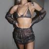 New Cross-Border Women Clothes Rhinestone Sling Mesh Flash Diamond Fishing Net Top Sexy Bikini Top Mini Skirt Set