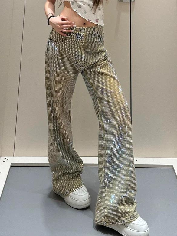 Women's Spring & Autumn Spicy Diamond Star Jeans - Unique Straight-Leg Design
