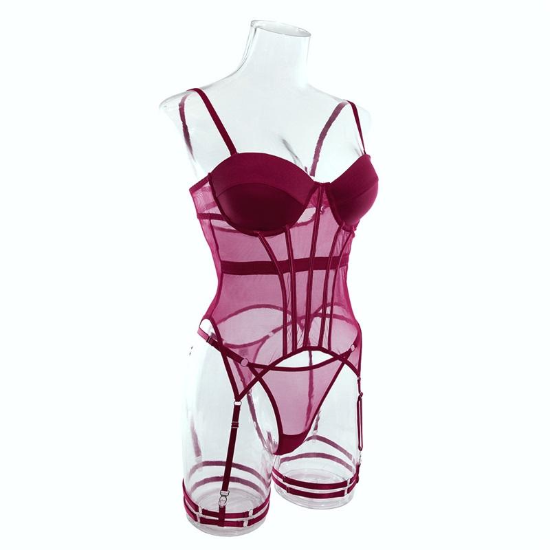 Tooxika Erotic Underwear Sexy Transparent Mesh Gathered Bodysuit Set