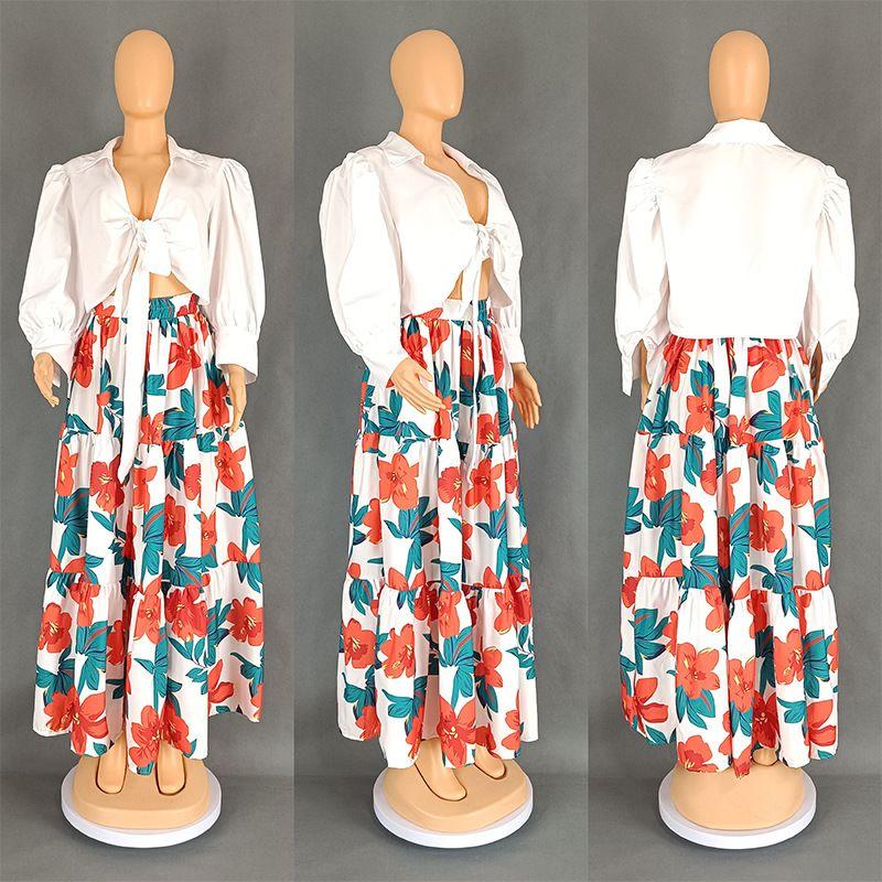 

Модный новый женский короткий топ с перекрестными бретелями и рукавами-буфами, с принтом, длинная юбка-свинг, комплект из двух предметов, юбочный костюм Picture Color XXXL