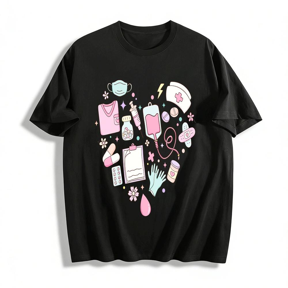 Cute Medical Element Print Casual Top Unisex Breathable T-shirt Pure cotton T-shirt XXS