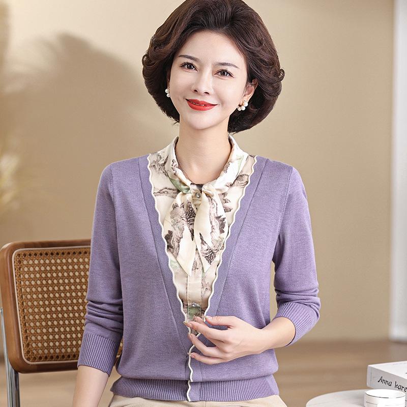 Stylish Spring/Autumn Knit Sweater: Faux Two-Piece Design for Middle-Aged Women