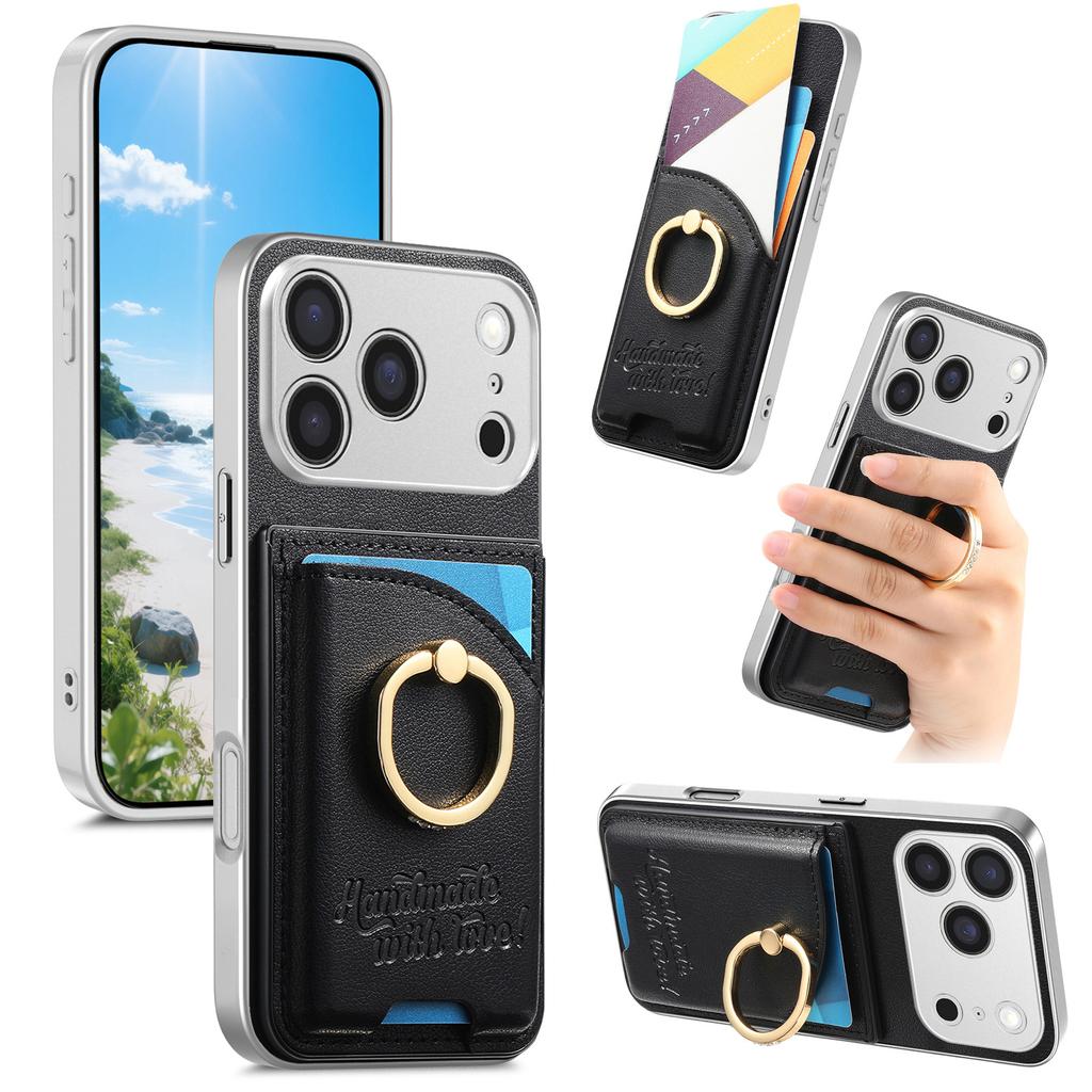 Luxury Ring Holder Cards Solt Leather Case for iPhone 18 Pro Max 17 16 15 14 13 Plus Shockproof Camera Protection Stand Cover