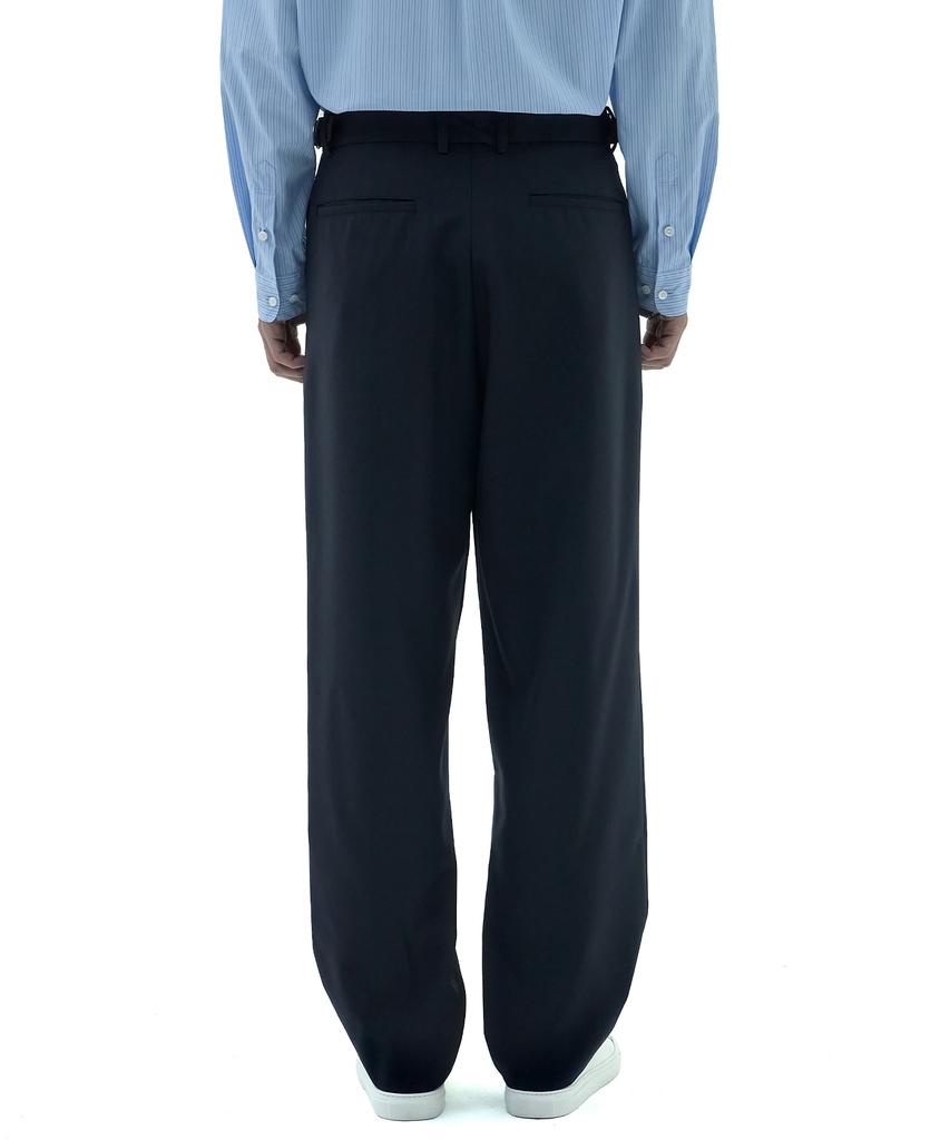 Neibieol Tropical Wool Double-Pleat Wide Pants - Deep Navy