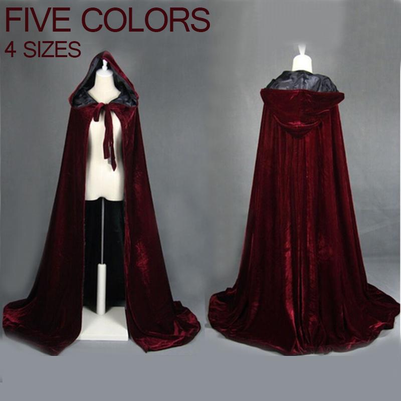 Wine red black velvet hooded cloak wedding cape Halloween wicca robe coat