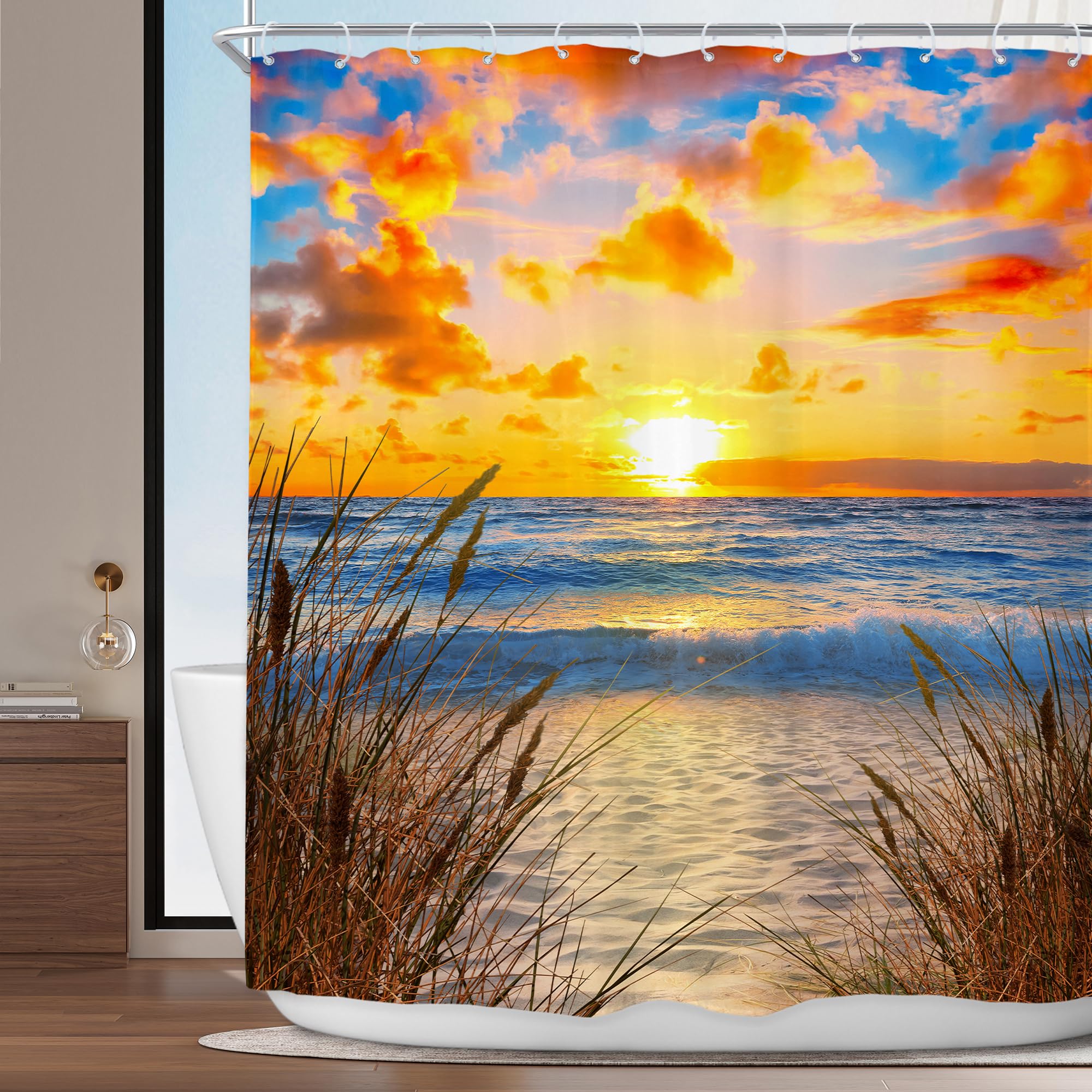 Textile Article Light 1Pc Hawaiian Beach Sunrise & Sunset Coastal Scene Polyester Shower Curtain - Vibrant Ocean View With Palm Trees
