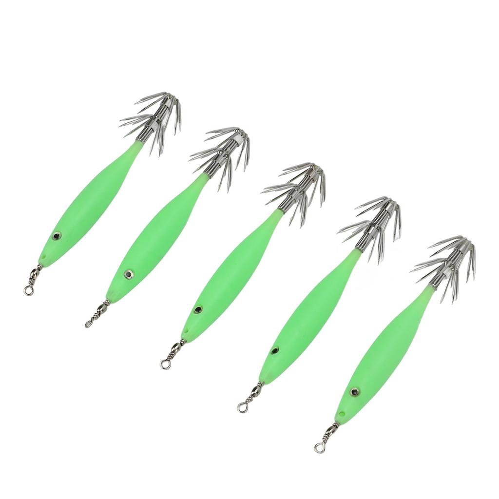 5Pcs 8cm Fishing Lure with Hook Cuttlefish Jig Wood Shrimp Bait for Outdoor Saltwater Freshwater Luminous Green