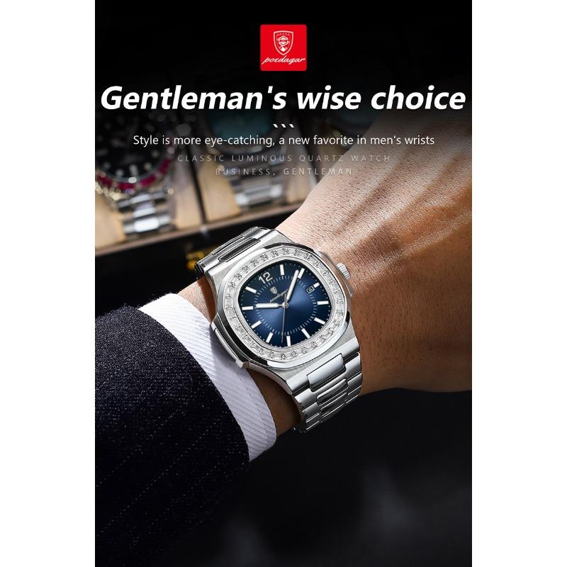 POEDAGAR Luxury Man Quartz Watch Square Watch for Men Waterproof Luminous Date Stainless Steel Watches Sports Clock reloj