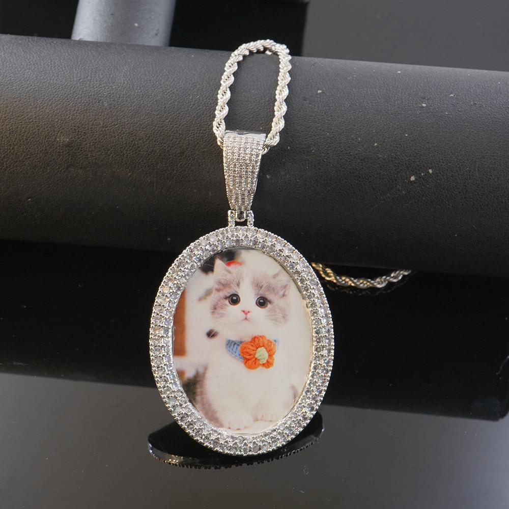 Hip Hop Copper Set with Zircon Oval Photo Pendant Fried Dough Twists Chain Necklace Can Be Customized Photo Personalized Accessories