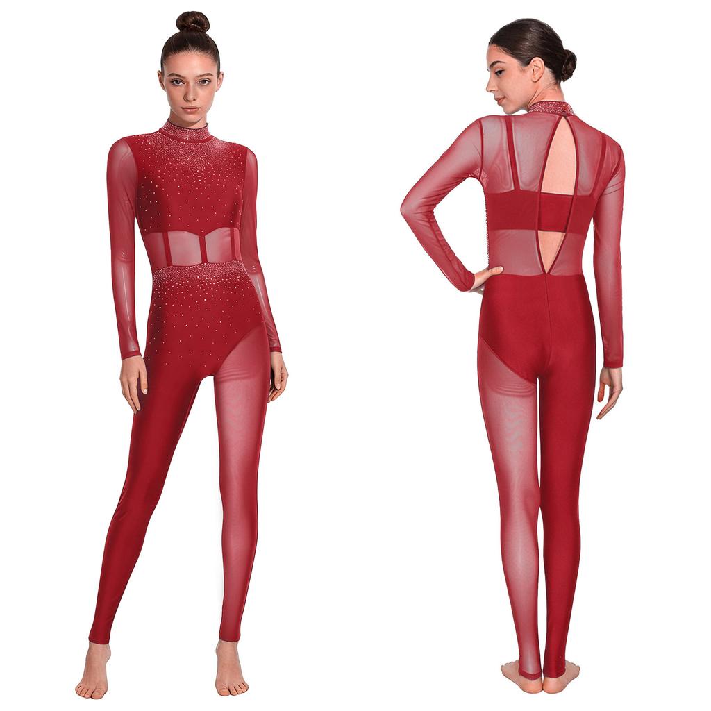 Błyszczący Kombinezon Pełnego Krycia na Scenę S-XXL: Damska odzież sportowa z panelami z przezroczystej siateczki i detalami na plecach