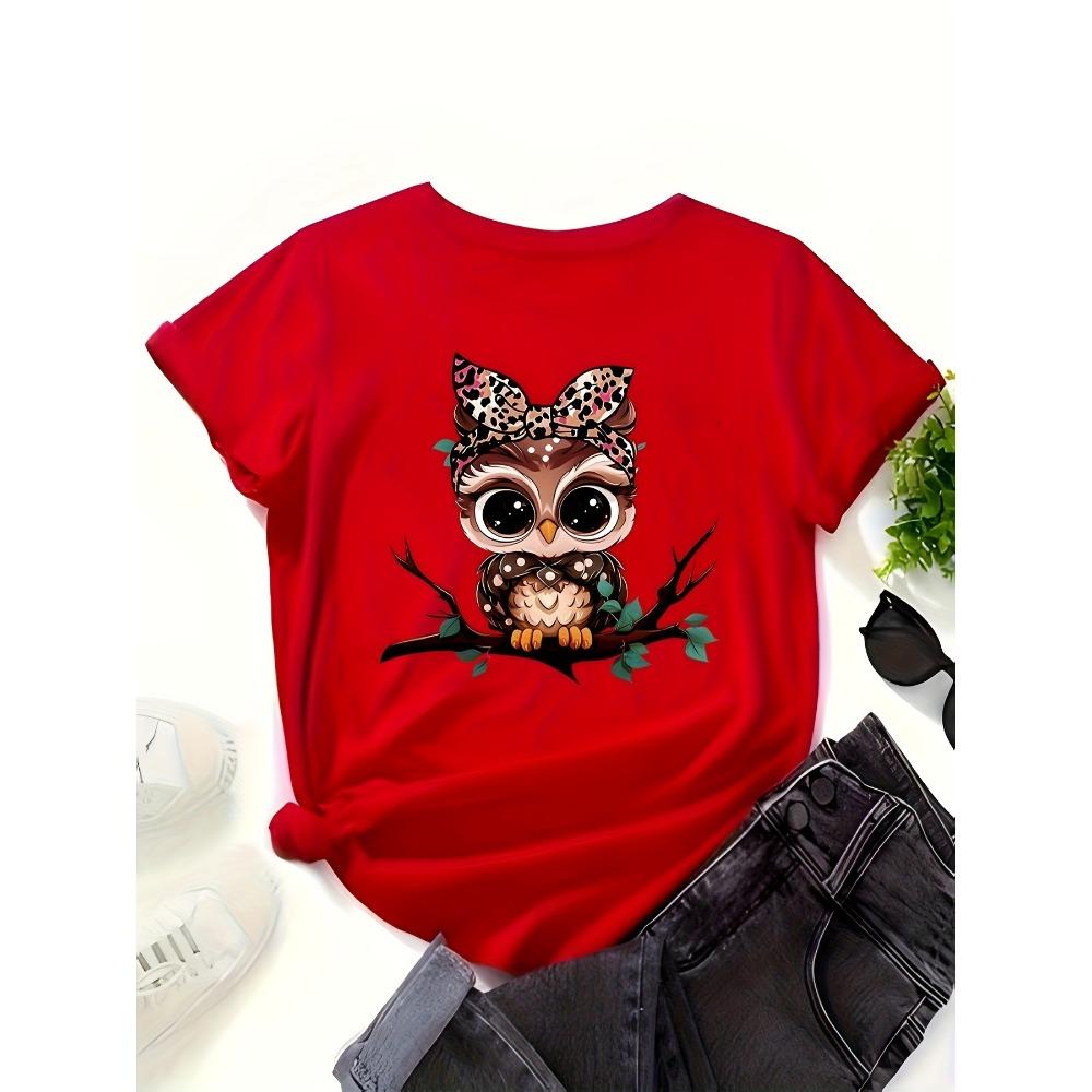 Women Cotton Short Sleeves T-shirts Leopard Bow Owl Women's Tee Cute Animal Graphic Casual Everyday Top