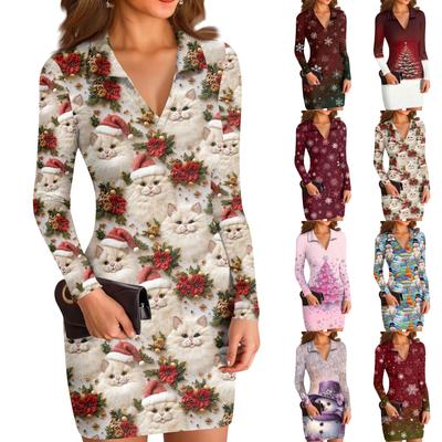 Women's V-neck Casual Print Long-sleeved Fitted Dress