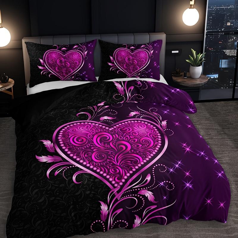 3pcs Purple Heart Rose Floral Print Duvet Cover Set - 1 Duvet Cover 2 Pillowcases Breathable Polyester Perfect for All Seasons