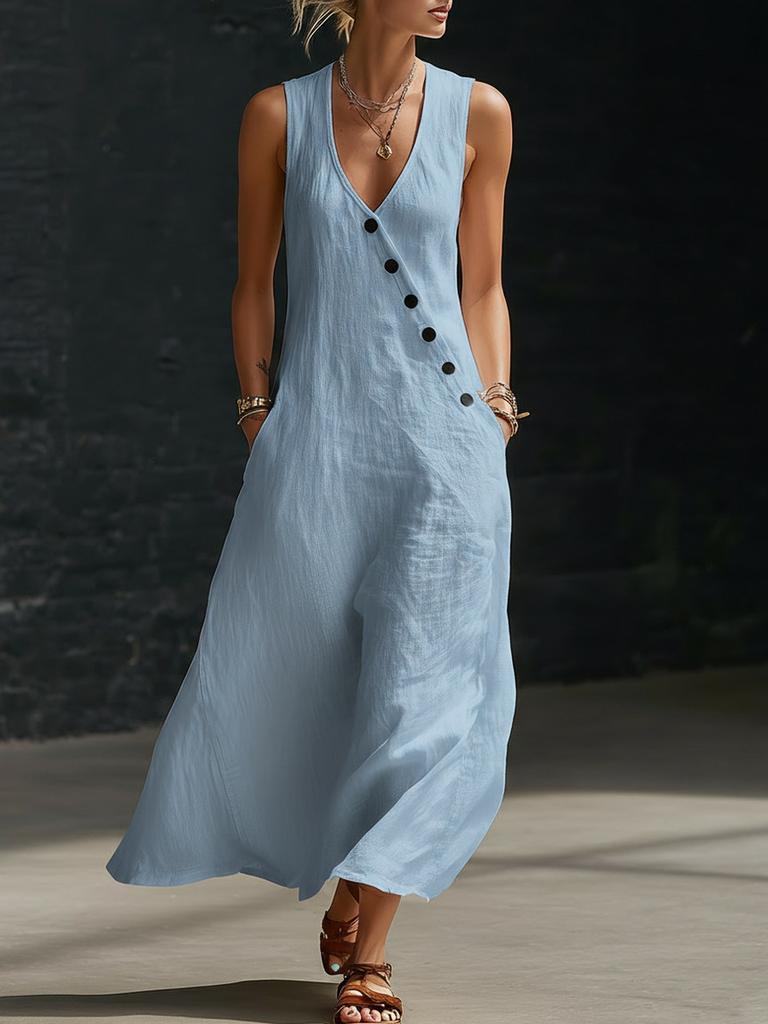 Spring/Summer New Solid Button Short Sleeve Backless Vest Dress