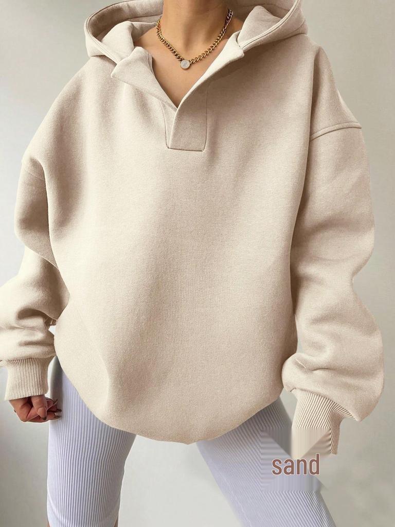 2026 Autumn/Winter Women's Solid Color Hooded Sweatshirt - European & American Style, Long Sleeve, Loose Fit Hoodie