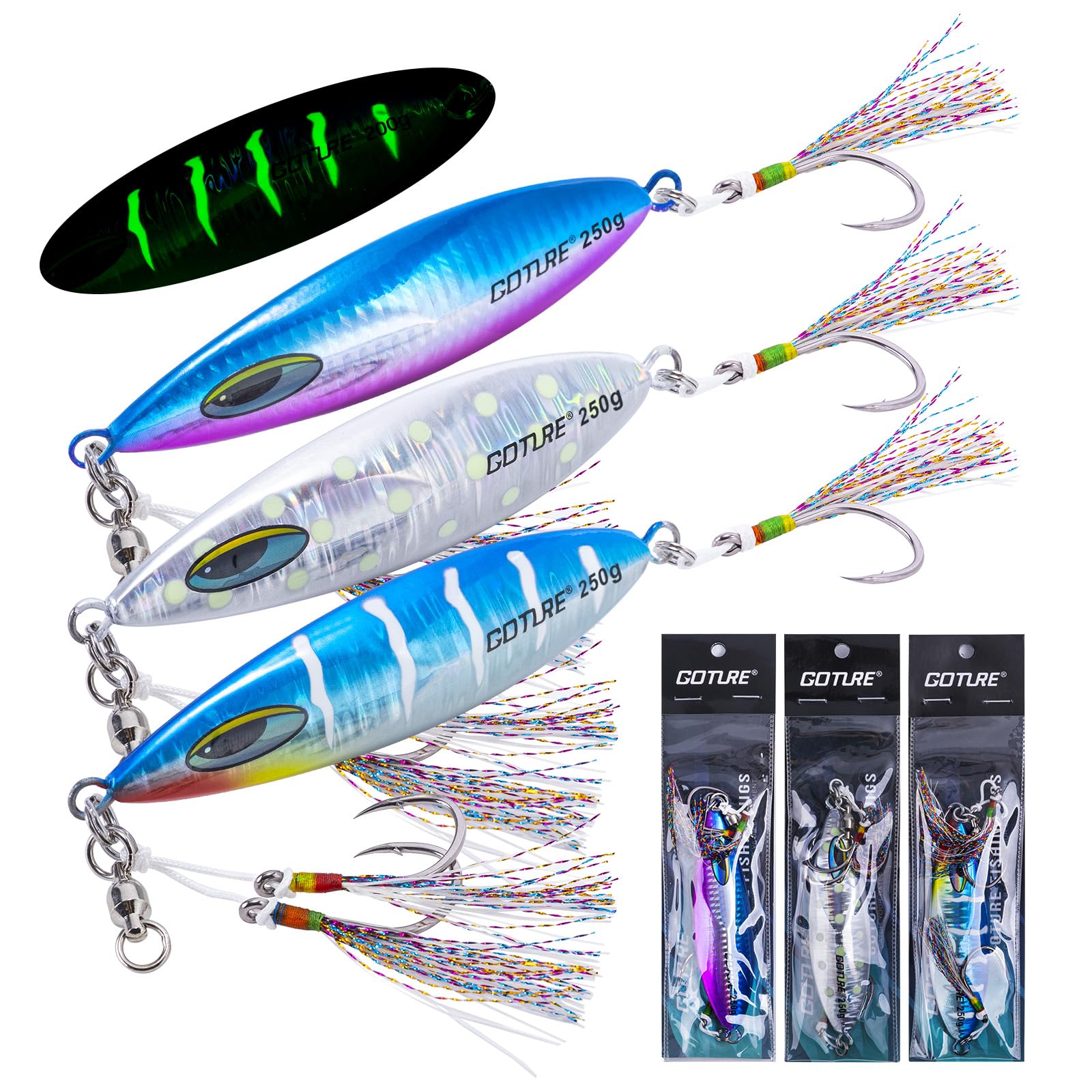 

Goture Metal Jigging Set of for Sea Boat Slow Red Sea Sea Flounder Jigs, 3, 250g, Fishing, Fishing, Jigging, Luminous, Surf, Bream, Rockfish,