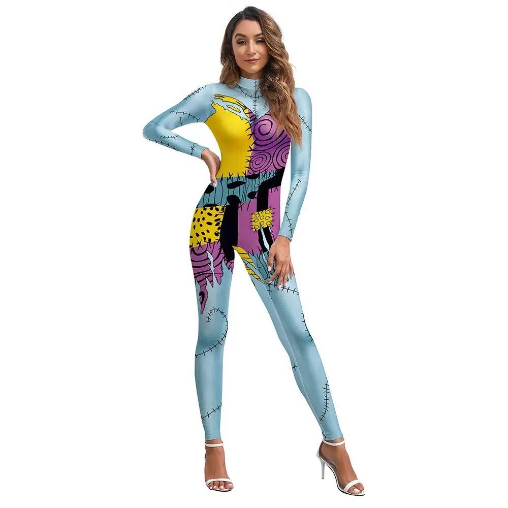 Sally Cosplay Costume for Women, The Nightmare Before Christmas Jumpsuit with 3D Digital Print, Halloween Party Outfit