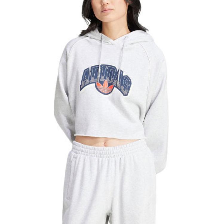Adidas Originals Cropped Hoodie With Letter Logo Print Women Tops Light-Hemp-Gray IS2319