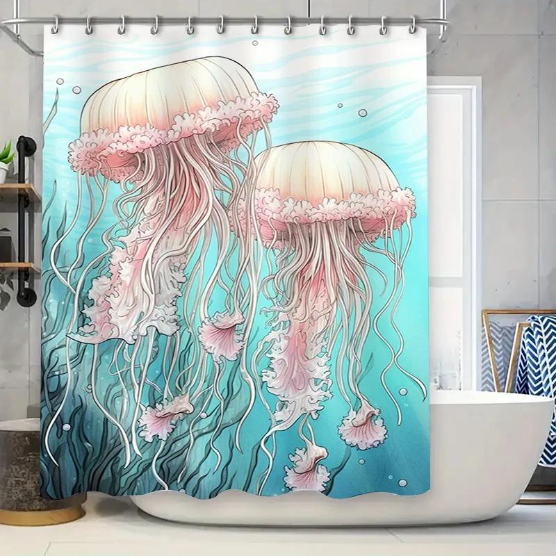 Восхитительная синяя шторка для душа с дизайном из розовых медуз. Идеально для декора ванной комнаты. W90xH180cm
