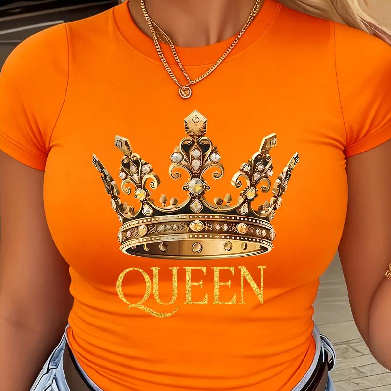 Queen Crown Graphic Print T-Shirt - Women's Casual Round Neck Short Sleeve Fashion Top, Comfortable Fit for Spring and Summer