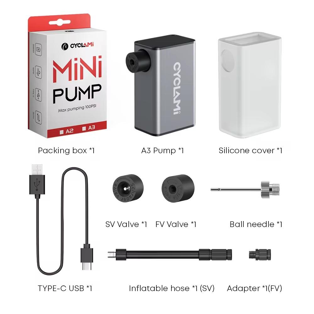 CYCLAMI A3 Mini Electric Air Pump Portable Bicycle Cordless FV AV Inflator Presta Schrader Valve Outdoor Road MTB Bike Aluminum A3
