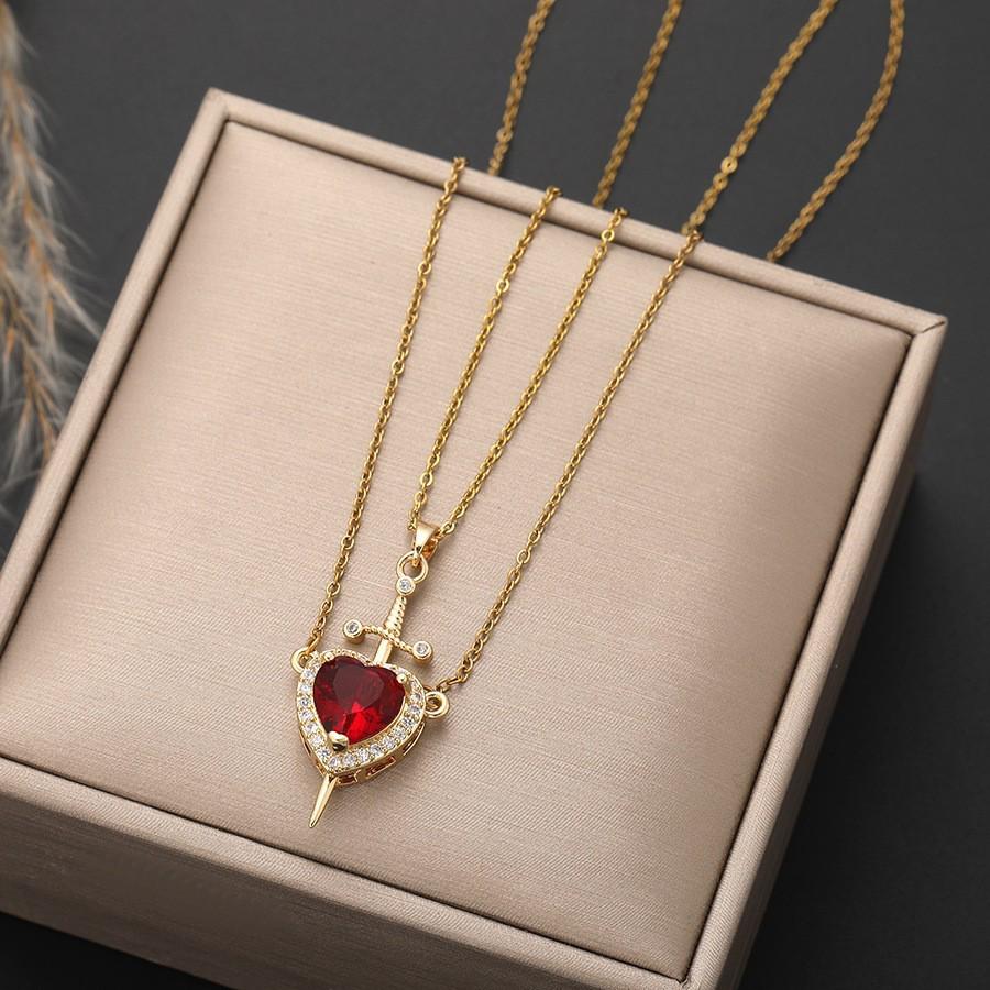 European  American Style Red Zircon Arrow-Through-Heart Necklace with Sword Pendant